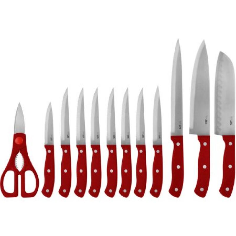 Ragalta 13-Piece Palm Handle Cutlery Set with Sharpener and Rubber Block, Red