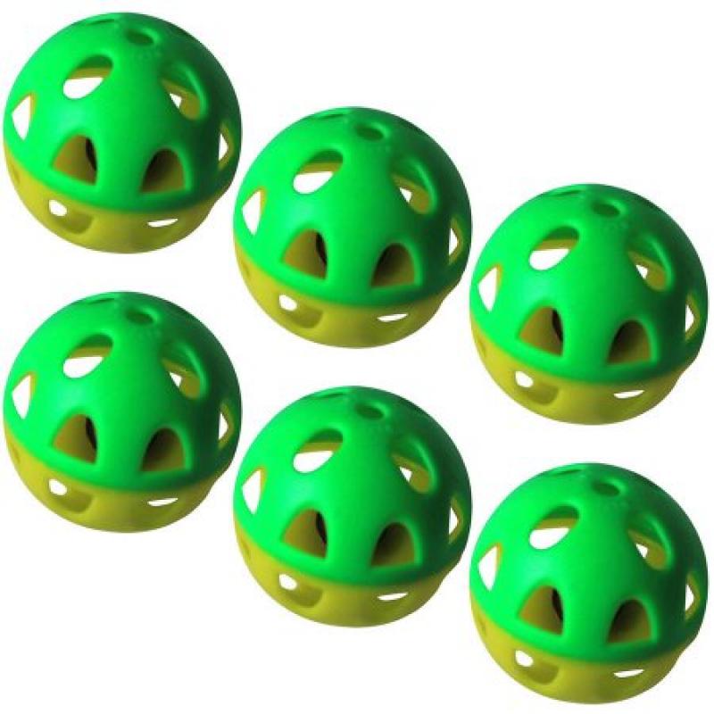 6-Pack 2-Tone Plastic Ball with Bell, Yellow/Green Pattern, 6 Pieces