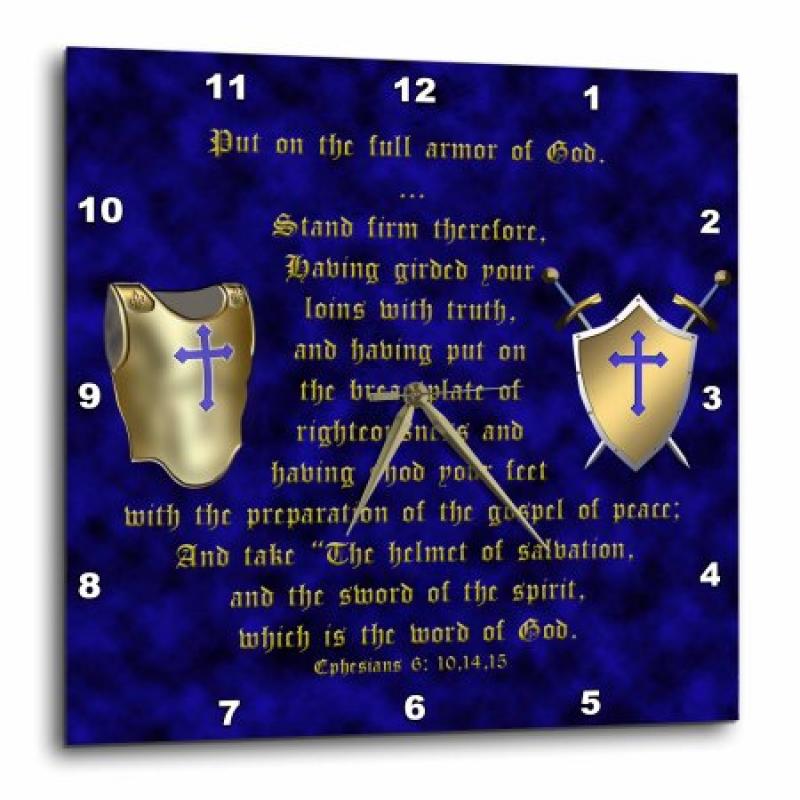 3dRose Ephesians 6 verses 10, 14, 15 Put on full armor of God illustrated with breastplate, shield, swords, Wall Clock, 15 by 15-inch