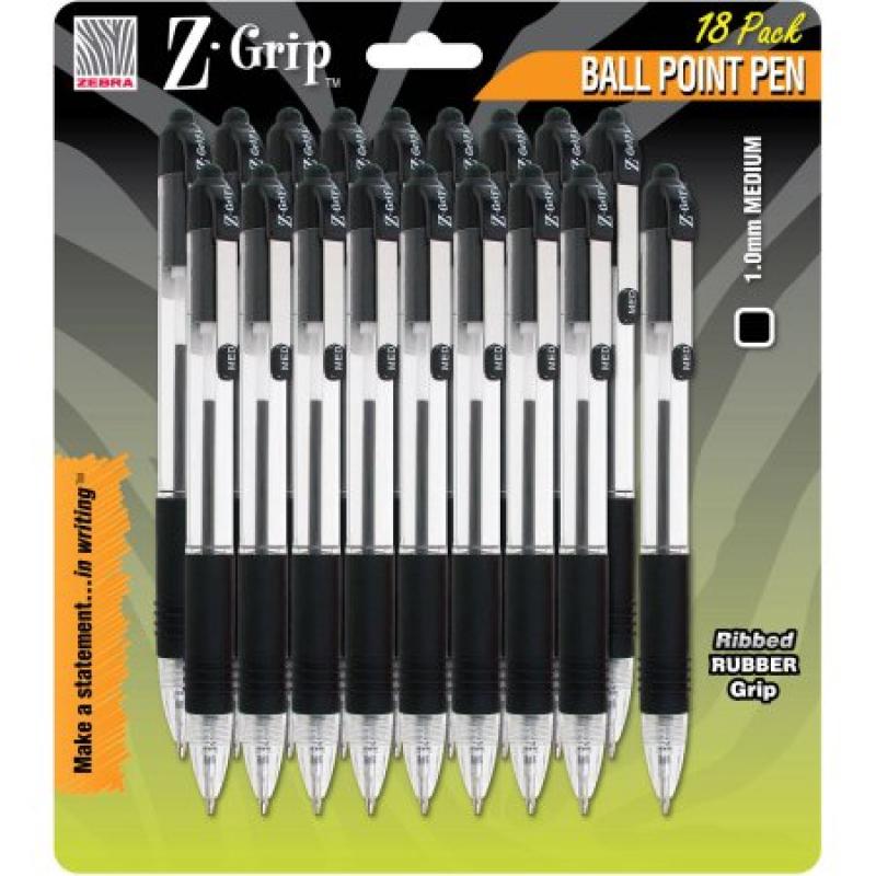 Zebra Z-Grip Retractable 1.0mm Ballpoint Pens, Black, 18-Pack