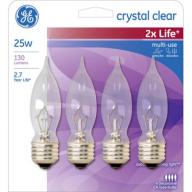 GE 25W Decorative Multi-Purpose 2X Longer Life Regular Base Clear Bulb, 4-Pack