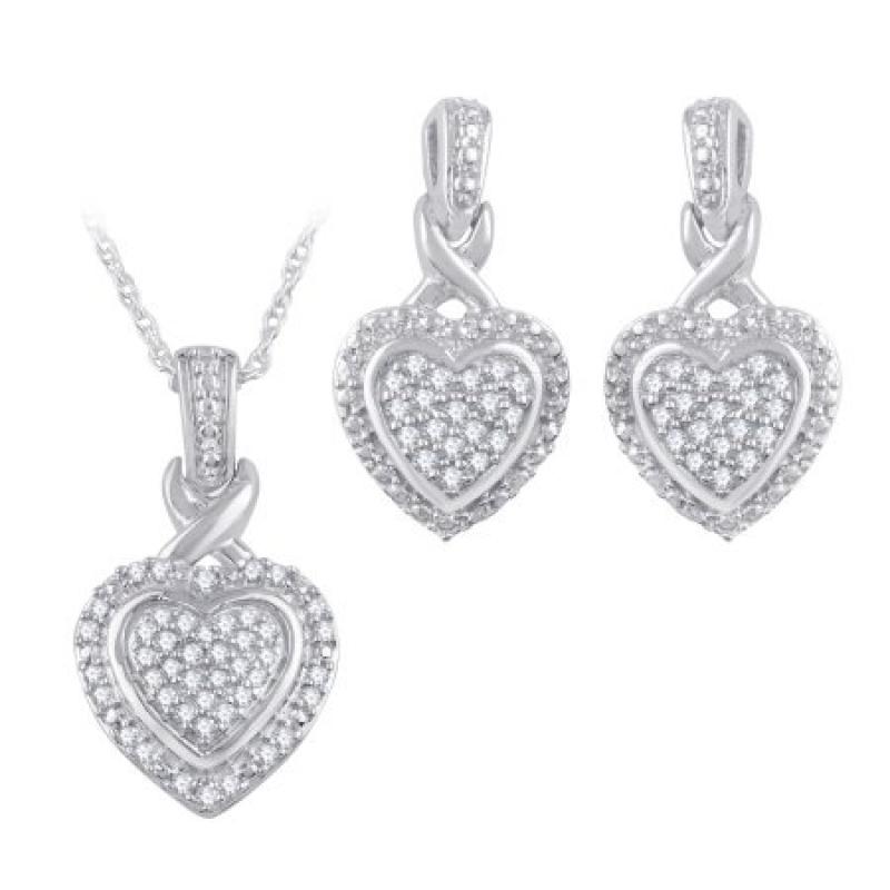 1/4 Carat Diamond Sterling Silver Heart Earring and Pendant Set
