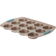 Rachael Ray Cucina Nonstick Bakeware 12-Cup Muffin/Cupcake Pan, Latte Brown, Agave Blue Handle Grips