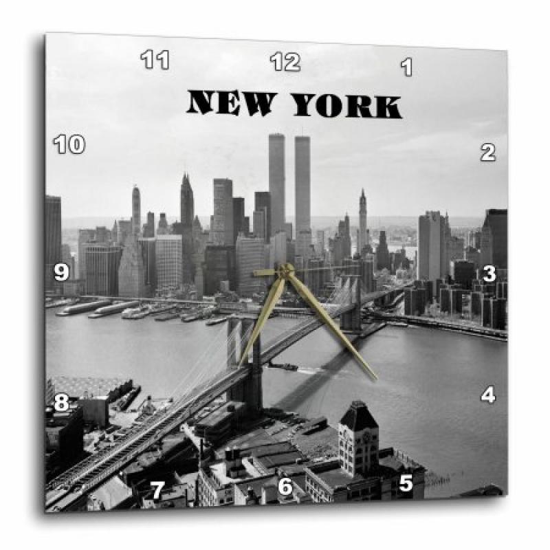 3dRose Black n White Picture Of 1972 Brookly Bridge with Twin Towers, Wall Clock, 10 by 10-inch