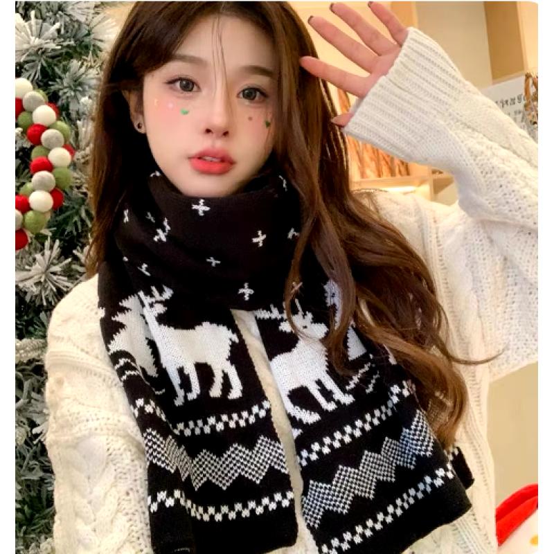 Winter Warm Scarf for Women Men Deer Elk Double-Sided Knitted Scarves Fashion Versatile Woolen Shawl Girls Christmas Present