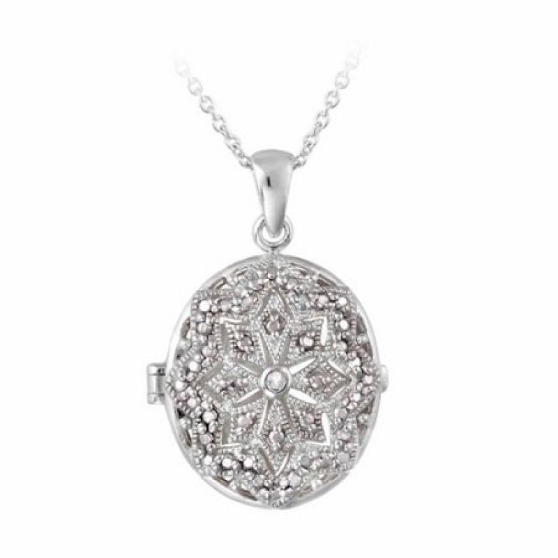 Diamond Accent Silver-Tone Filigree Oval Locket Necklace