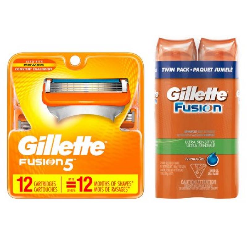 Gillette Fusion5 12ct Razor Blade Refill and Shave Gel Discounted Bundle Cool