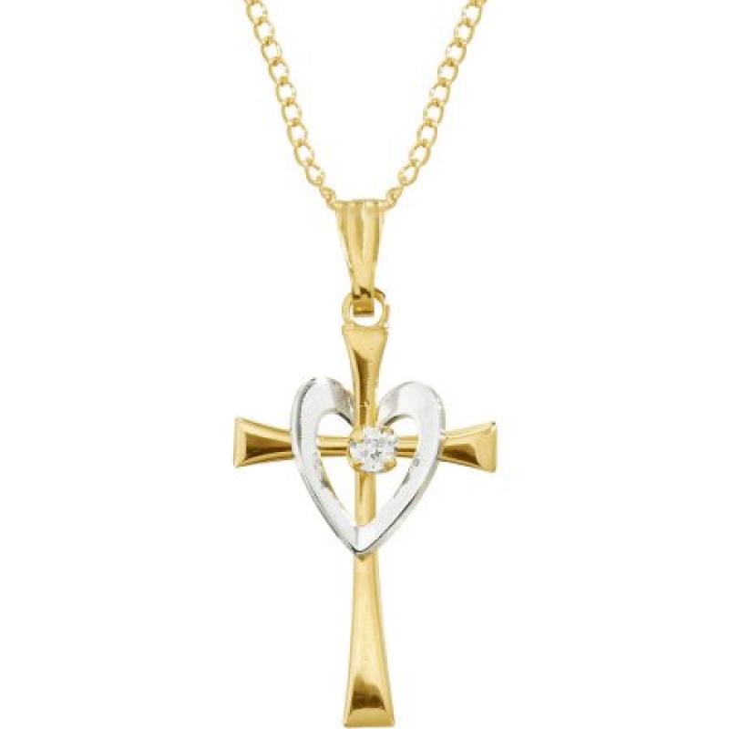 14K Yellow Gold-Filled, Rhodium-Plated Cross Heart Pendant with 1.0 CTTW CZ Accent, 18"