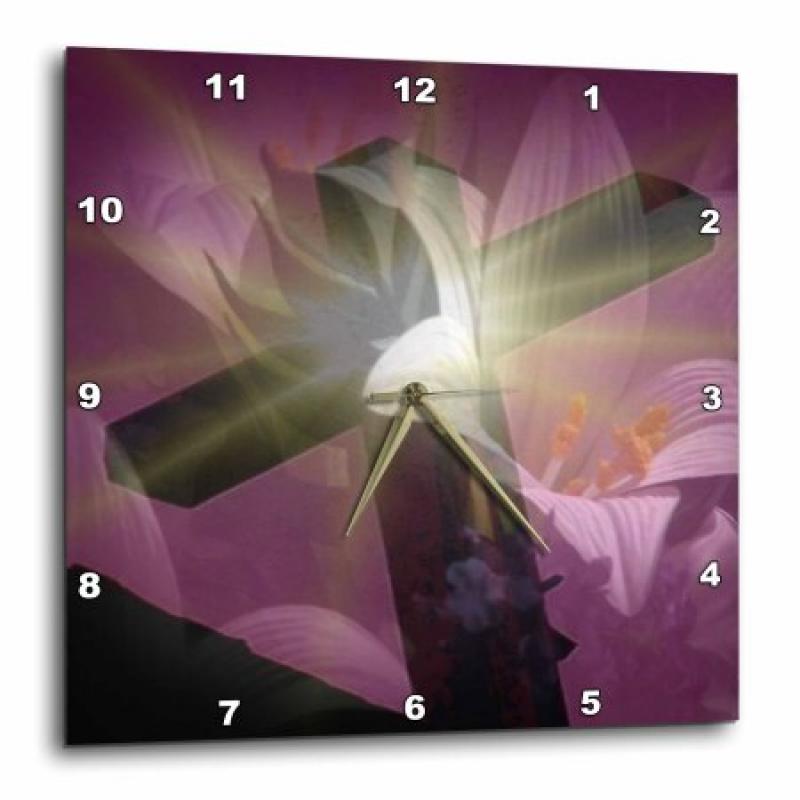3dRose Christian Cross and Lily , Wall Clock, 15 by 15-inch