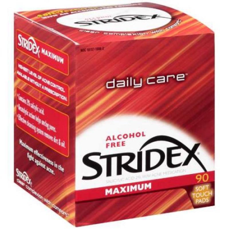 Stridex Daily Care Alcohol Free Salicylic Acid Acne Cleanser Maximum Pads, 90 ct