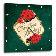 3dRose Poinsettias Christmas Greetings, Vintage Postcard Look, Wall Clock, 10 by 10-inch
