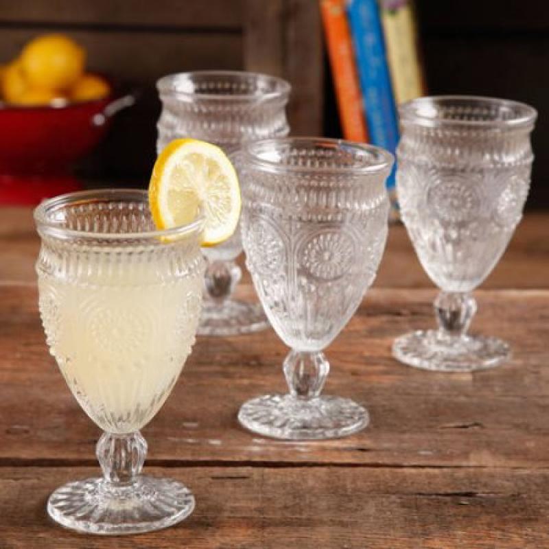 The Pioneer Woman Adeline Embossed 12-Ounce Footed Glass Goblets, Set of 4