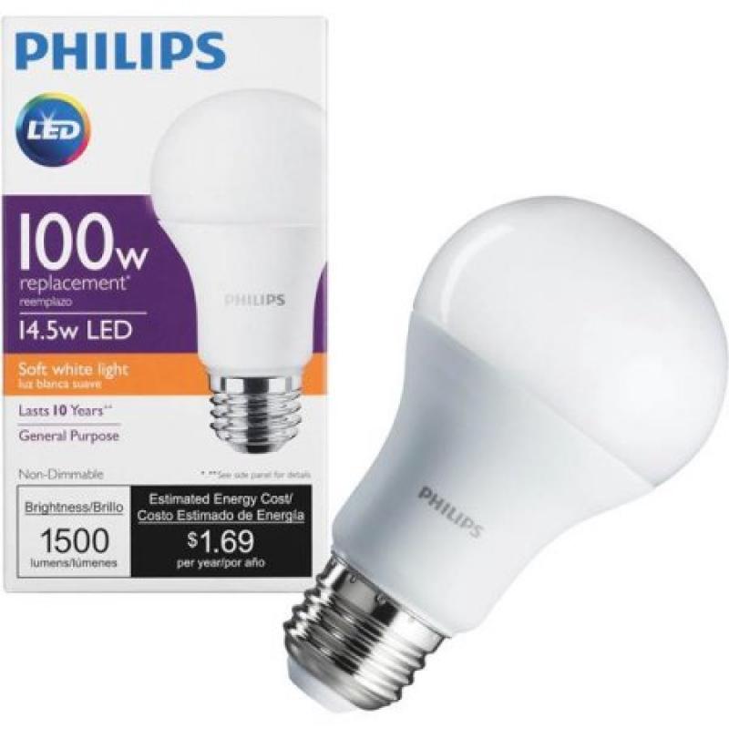Philips LED Light Bulb, A19, Soft White, 100 WE