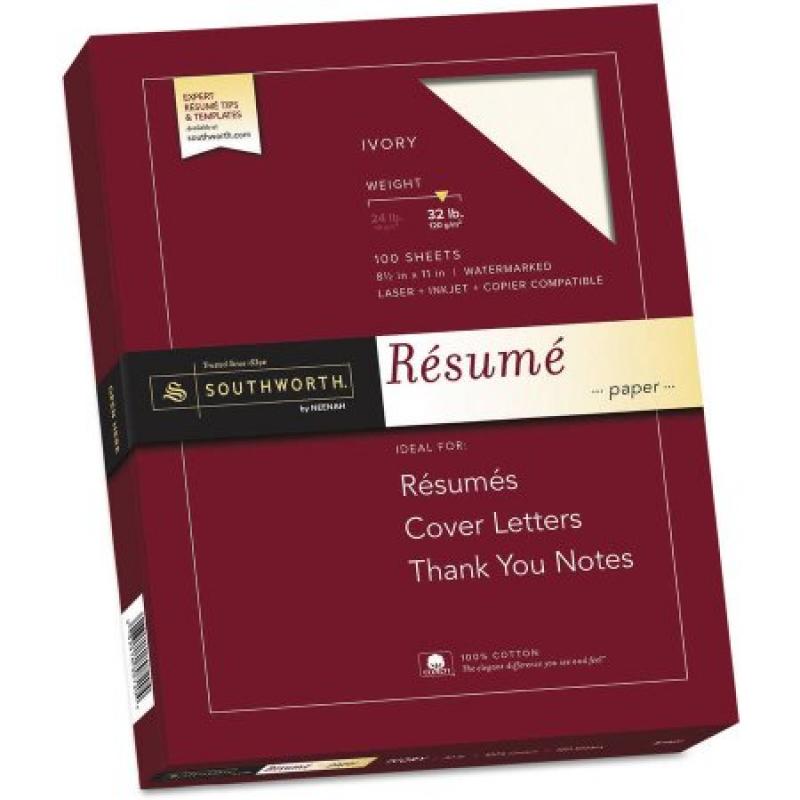 Southworth 100 Percent Cotton Resume Paper, 8.5" x 11", Ivory, Wove, 100-Pack