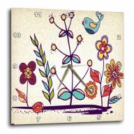 3dRose Cute Whimsical Colorful Flowers and Blue Bird Modern Nature Design, Wall Clock, 10 by 10-inch
