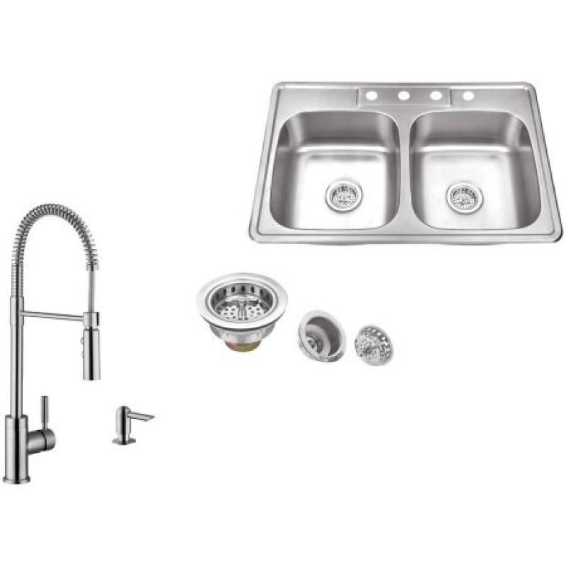 Magnus Sinks 33" x 22" 20 Gauge Stainless Steel Double Bowl Kitchen Sink with Pull Out Kitchen Faucet and Soap Dispenser