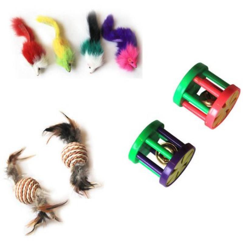 Iconic Pet Fur Mice, Paper Rope Ball and Plastic Roller, Set of 3