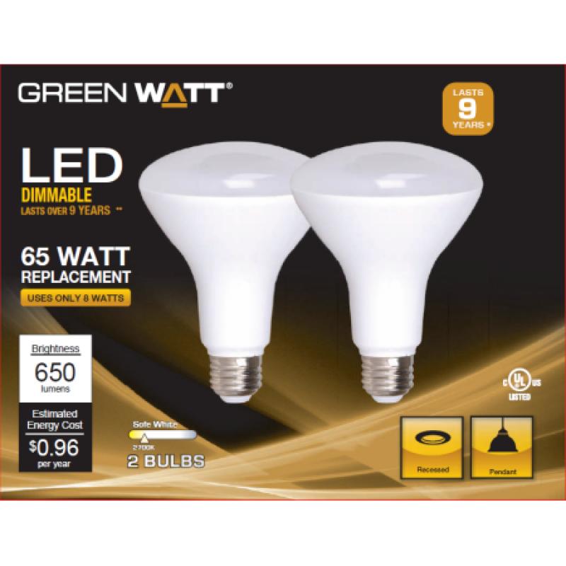 LED Bulb BR30 Dimmable 65W Equivalent Soft White Greenwatt Electrical G-L4-BR30DU-8W-2700K 2-Pack