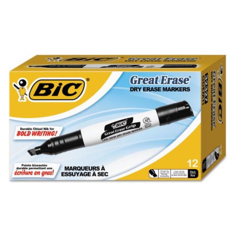 BIC Great Erase Grip Chisel Dry Erase Marker, Black, 12pk
