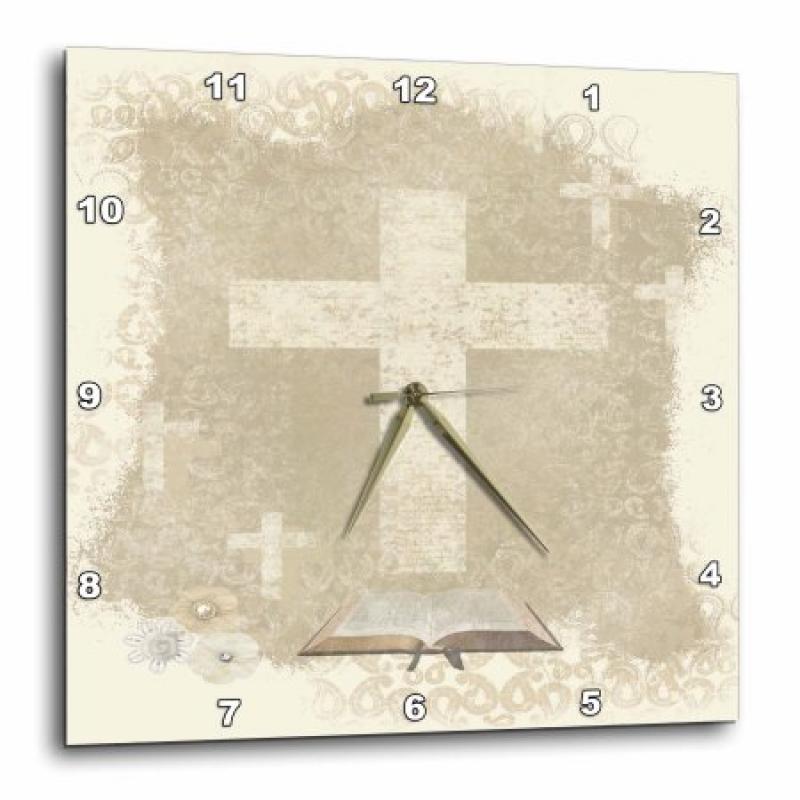 3dRose Crosses with Open Bible, Sepia, Wall Clock, 15 by 15-inch