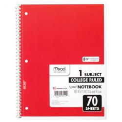 Mead Spiral Notebook, 1 Subject, College Ruled, 70 Sheets, 6 Pack (73065)