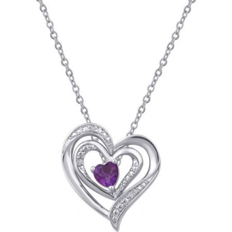 Diamond Accent and Amethyst Gemstone Silver-Tone Heart Fashion Pendant, 18" Chain