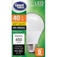 Great Value LED Ligh Bulbs 5W, 40W Equivalent, Soft White, 1-Pack