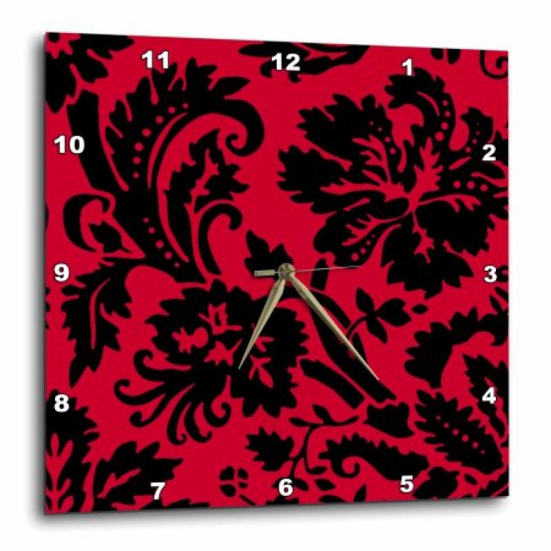 3dRose Red and black damask - large print stylish floral - gothic bold elegant burlesque inspired pattern, Wall Clock, 15 by 15-inch