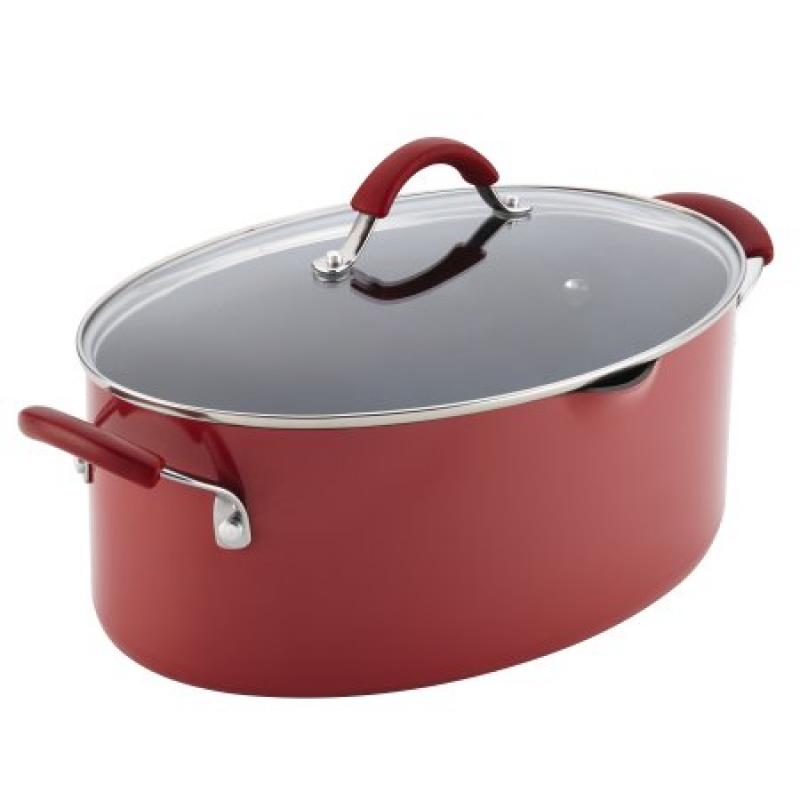 Rachael Ray(r) Cucina Hard Porcelain Enamel Nonstick Pasta Pot, Covered Oval with Spout, 8-Quart, Cranberry Red