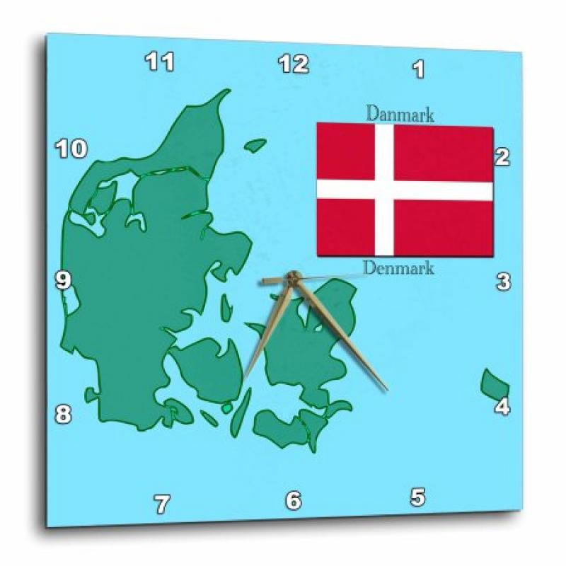 3dRose The map and flag of Denmark with Denmark printed in English and Danish., Wall Clock, 13 by 13-inch