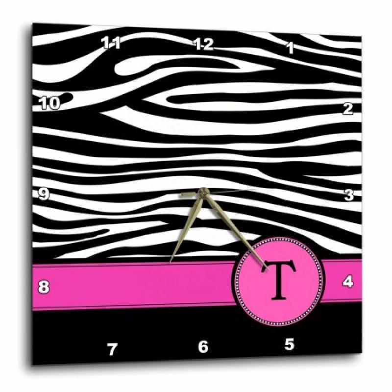 3dRose Letter T monogrammed black and white zebra stripes animal print with hot pink personalized initial, Wall Clock, 10 by 10-inch