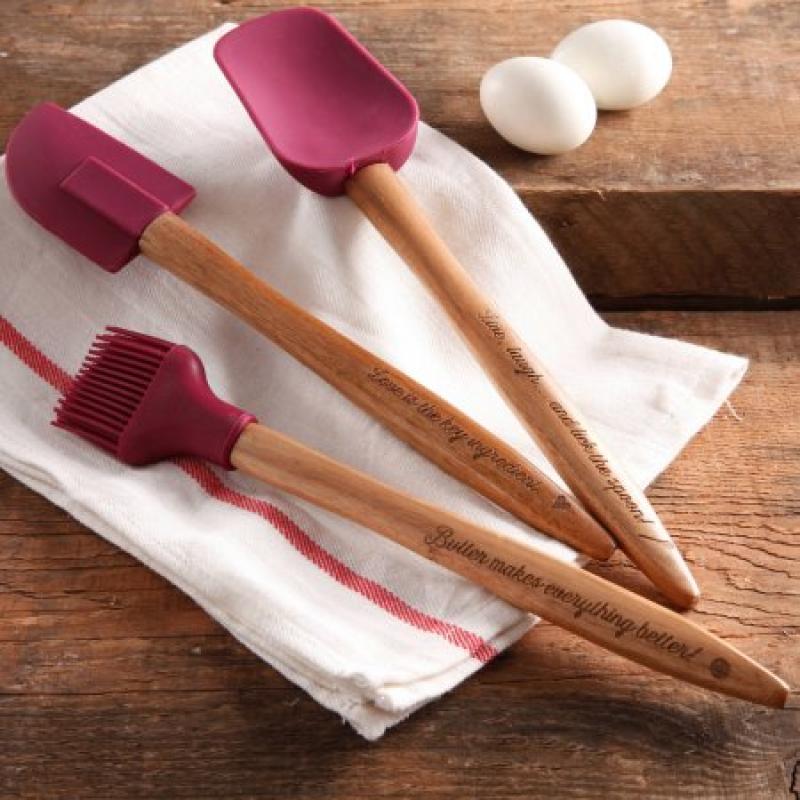 The Pioneer Woman Cowboy Rustic 3-Piece Silicone Head Utensil Set with Acacia Wood Handle