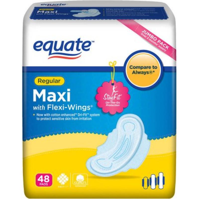 Equate Maxi Pads Regular with Wings, 48 count