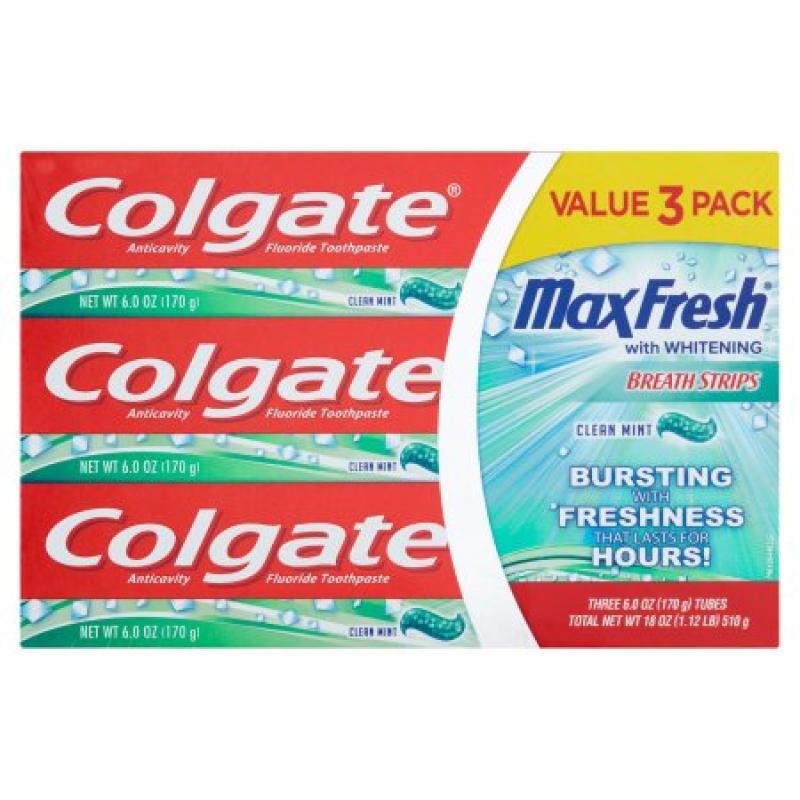 Colgate MaxFresh Clean Mint Anticavity Fluoride Toothpaste Value Pack, 6.0 oz, 3 pack