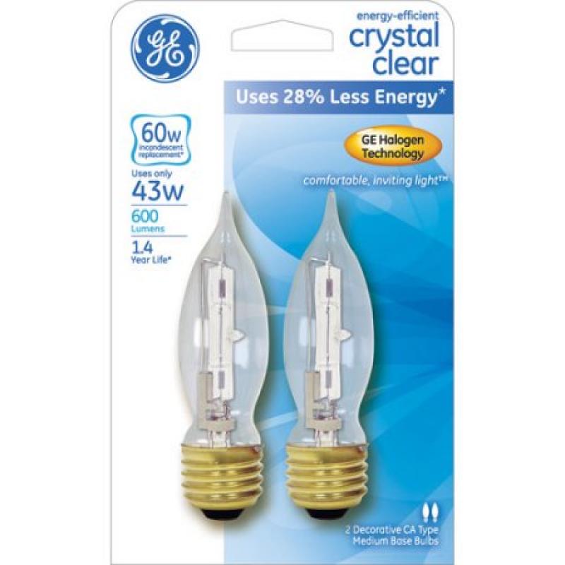 GE 43W Energy-Efficient Decorative Regular Base Clear Bulb, 2-Pack, 60W Equivalent