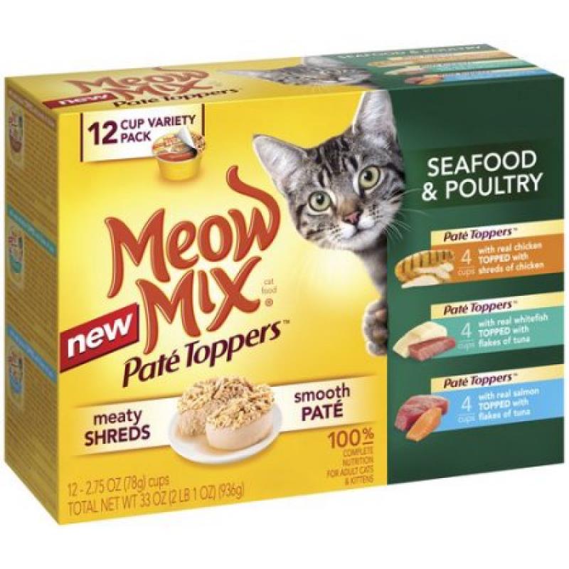 Meow Mix Pate Toppers Seafood & Poultry Wet Cat Food Variety Pack, 2.75-Ounce Cups (Pack of 12)