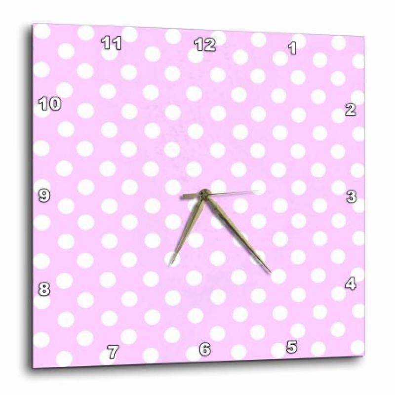 3dRose White Polka Dot pattern on Baby Pastel Pink - Retro 1950s cute and girly dots, Wall Clock, 15 by 15-inch