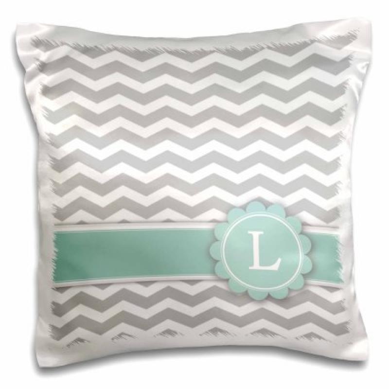 3dRose Letter L monogrammed on grey and white chevron with mint - gray zigzags - personal initial zig zags, Pillow Case, 16 by 16-inch