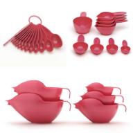 POURfect Spilll Proof Mixing Bowls 1027, 1-2-4-6-8 Cup - 13 Measuring Spoons - 9 Measuring Cups - Raspberry Ice