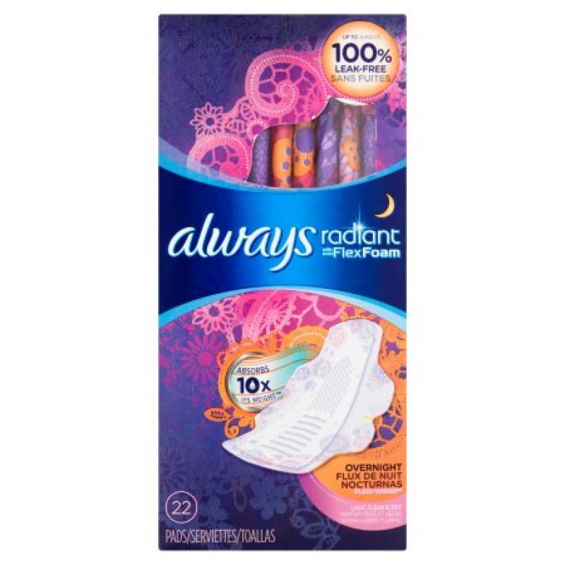 Always Radiant Overnight Scented Pads with Wings, 22 count