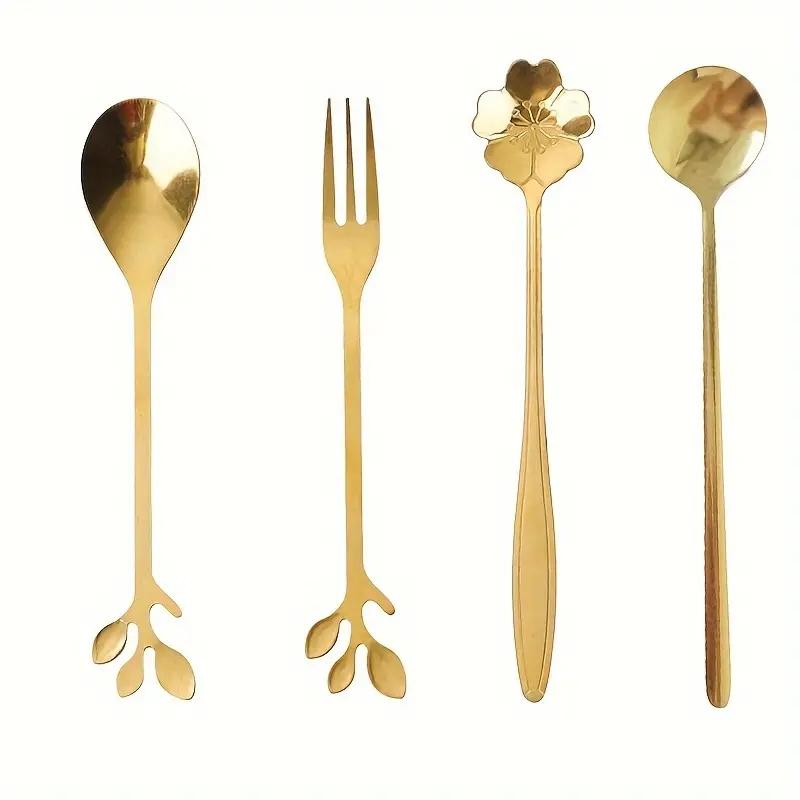 1 Set Stainless Steel Cutlery Set, Leaf Shaped Handle Spoon, Fruit Fork, European Style Golden Leaf Spoon, Cake Spoon, Mixing Spoon, For Home Kitchen Restaurant Coffee Shop Hotel, Kitchen Supplies, Tableware Accessories