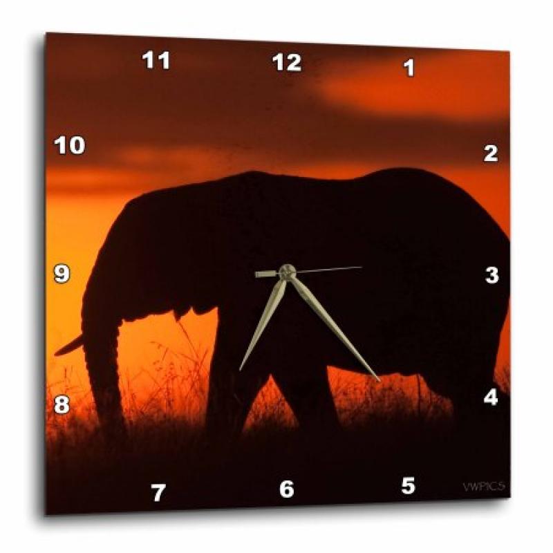 3dRose African Elephant silhouetted against the sky at sunset.Serengeti National Park,Tanzania., Wall Clock, 15 by 15-inch