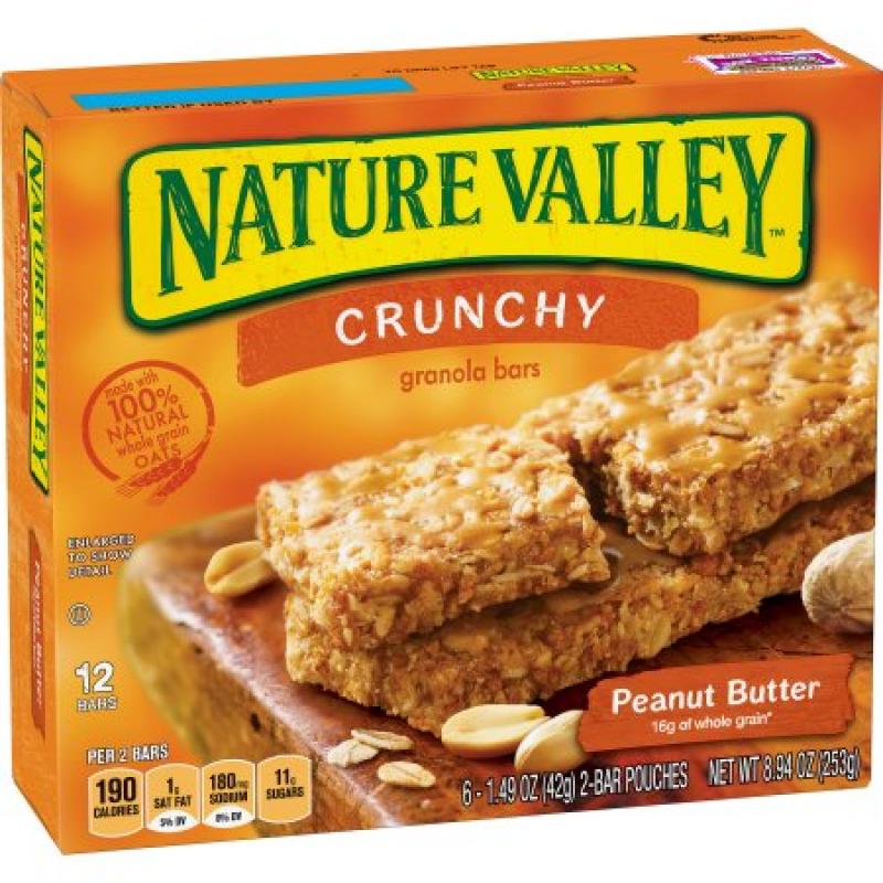 Nature Valley Granola Bars, Crunchy, Peanut Butter, 6 Pouches - 1.5 oz, 2-Bars Per Pouch (Total 12 Bars)