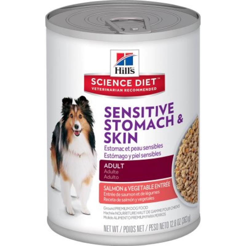 Hill&#039;s Science Diet Adult Sensitive Stomach & Skin Salmon & Vegetable Entrée Canned Dog Food, 12.8 oz, 12-pack