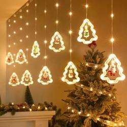 Holiday DIY String Lights, Santa Claus Circle Ring Christmas Tree Cartoon Shape Curtain Lights, LED Color Lights, Room Window Decoration Lights