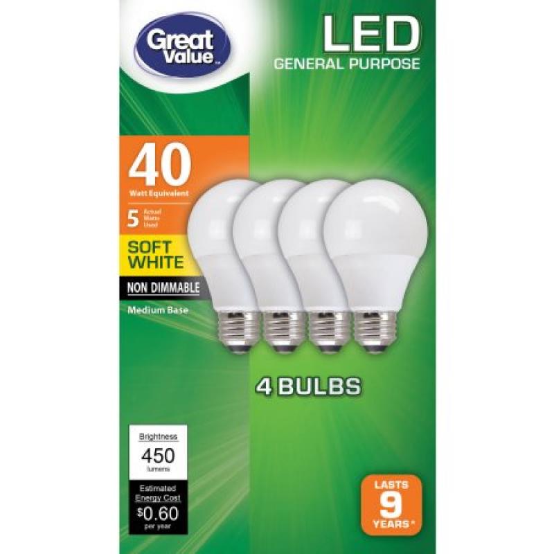 Great Value LED Ligh Bulbs 5W, 40W Equivalent, Soft White, 4-Pack