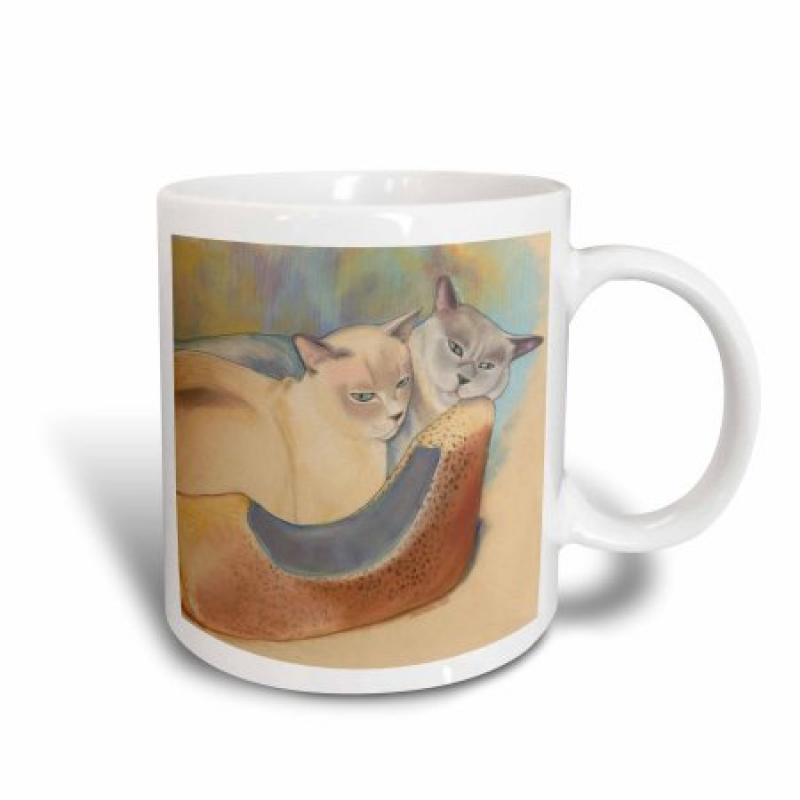 3dRose Cats two cats Tonkinese cats cuddling pastel painting pet portrait cats cat bed, Ceramic Mug, 15-ounce