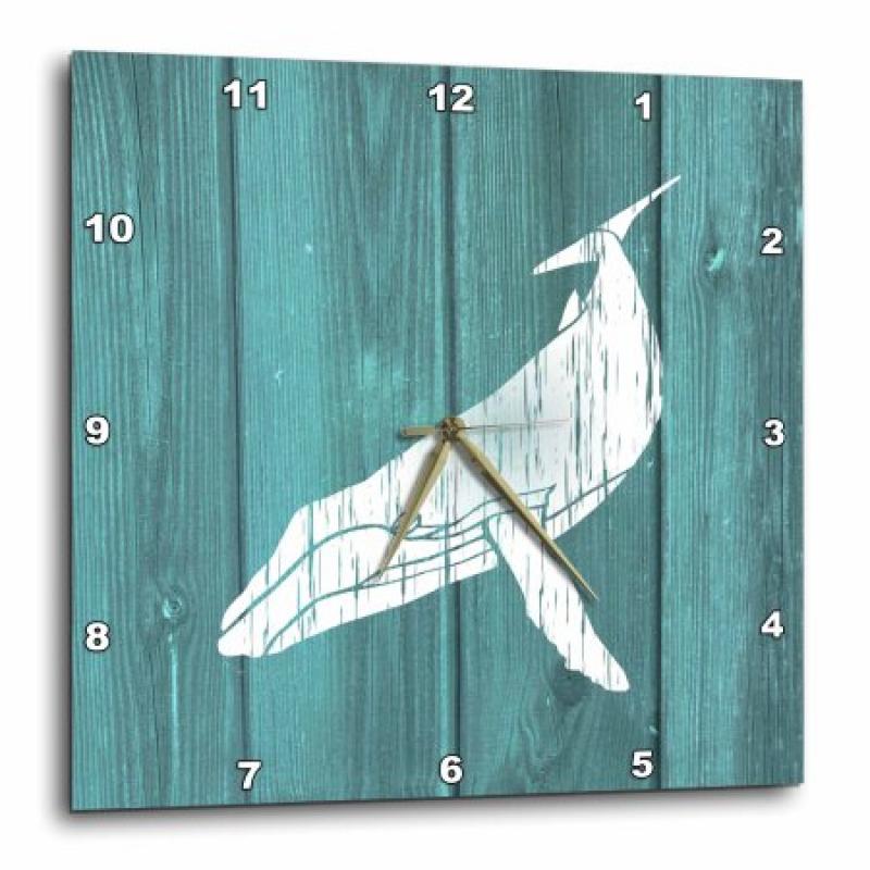 3dRose Humpback Whale Stencil in Faded White Paint over Teal- not real wood, Wall Clock, 10 by 10-inch