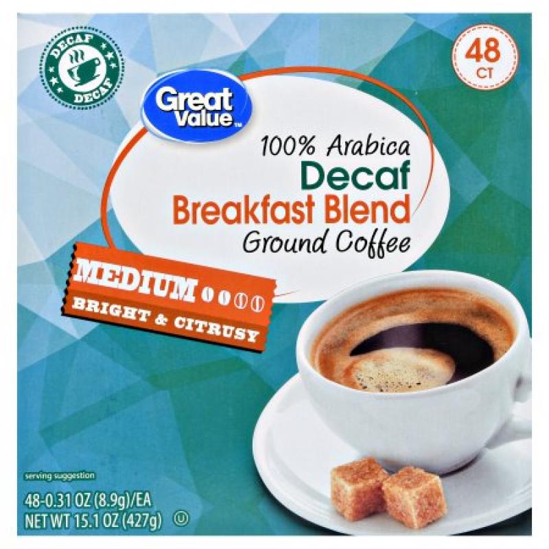 Great Value Decaf Breakfast Blend Ground Coffee Single Serve Cups, Medium Roast, 15.1 oz, 48 Count