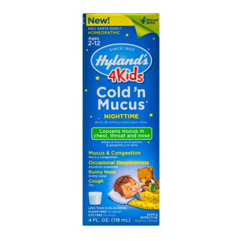 Hyland&#039;s 4 Kids Cold &#039;n Mucus Nighttime Relief Liquid, Natural Relief of Chest Congestion, Sleeplessness, Runny Nose, Sore Throat, Sneezing, Cough, 4 Ounces